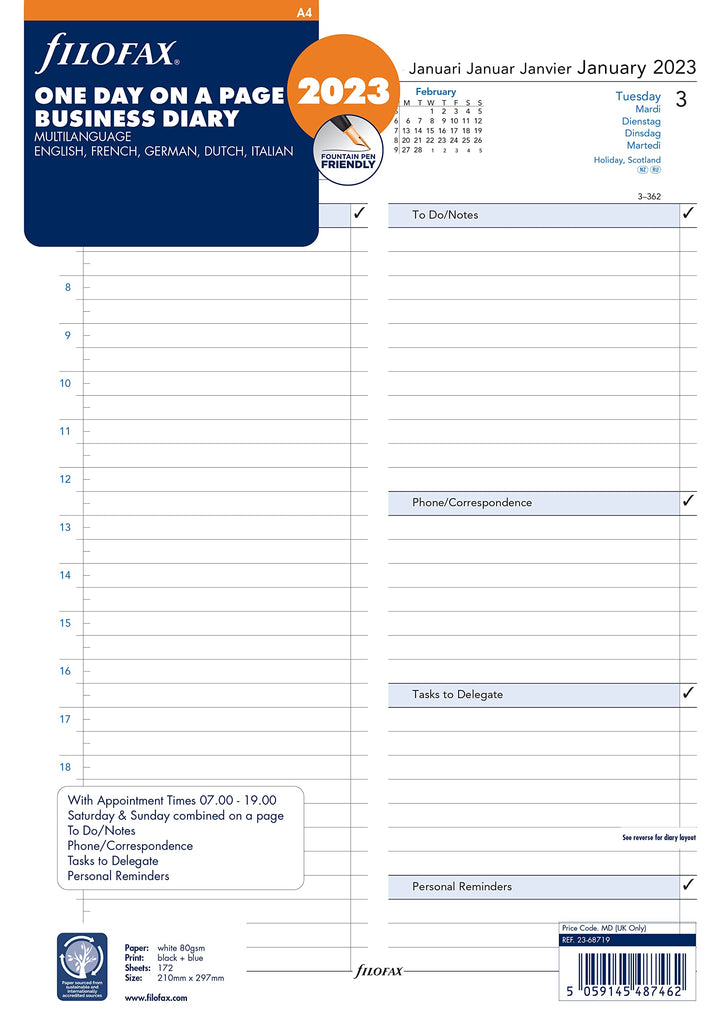 Filofax Terminplaner 2023, DIN A4, 5 Sprachen, Terminplaner, 1 Tag pro Seite, White, 23-68719 Single