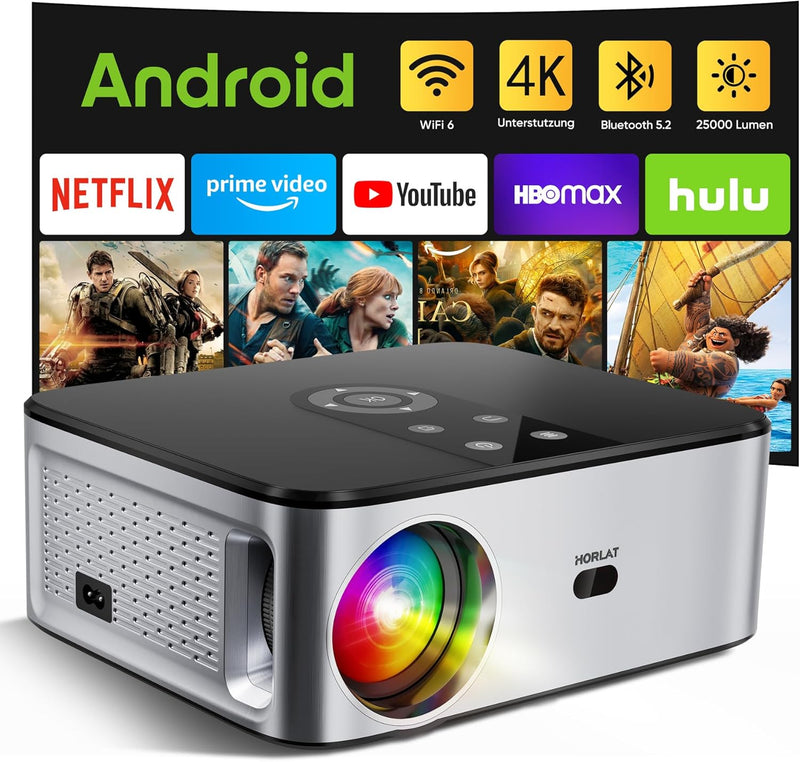 HORLAT Beamer 4K Heimkino Unterstützt, 25000 Lumen, Beamer Full HD 1080P Android 9.0, WiFi 6 Bluetoo