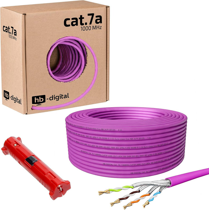 HB-DIGITAL 50m CAT.7a Netzwerkkabel Lila Verlegekabel Ethernet LAN AWG23 Reines Kupfer S/FTP PiMF LS