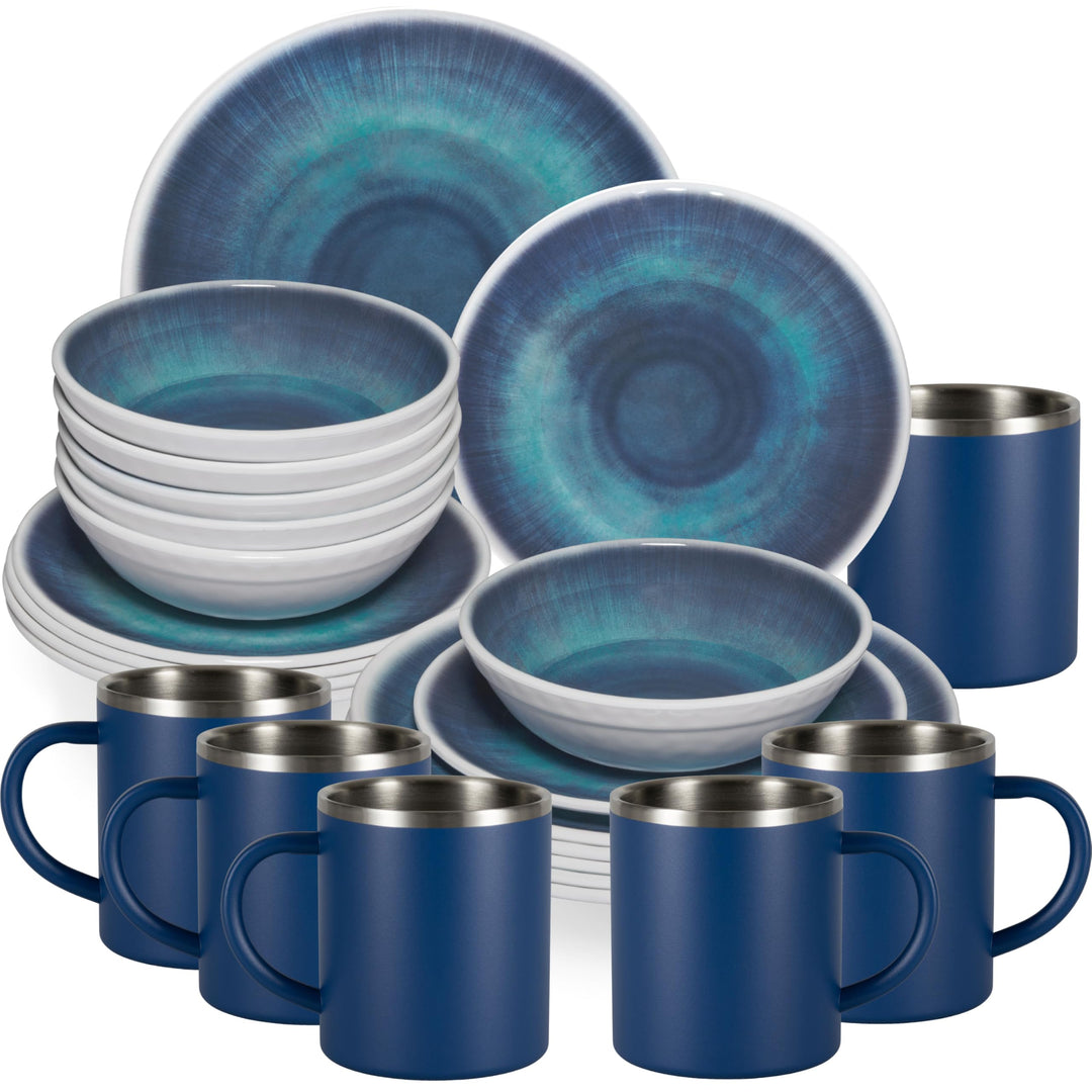 Melamin Geschirr Set Jesolo Blau - mit Edelstahl Thermo Tassen Steingutoptik Spülmaschinengeeignet E