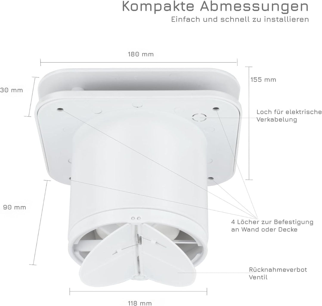 Turbionaire Abluftventilator TREND 120 SWM, für Badezimmer, Küche, Wand/Decke, mattweisse Frontplatt