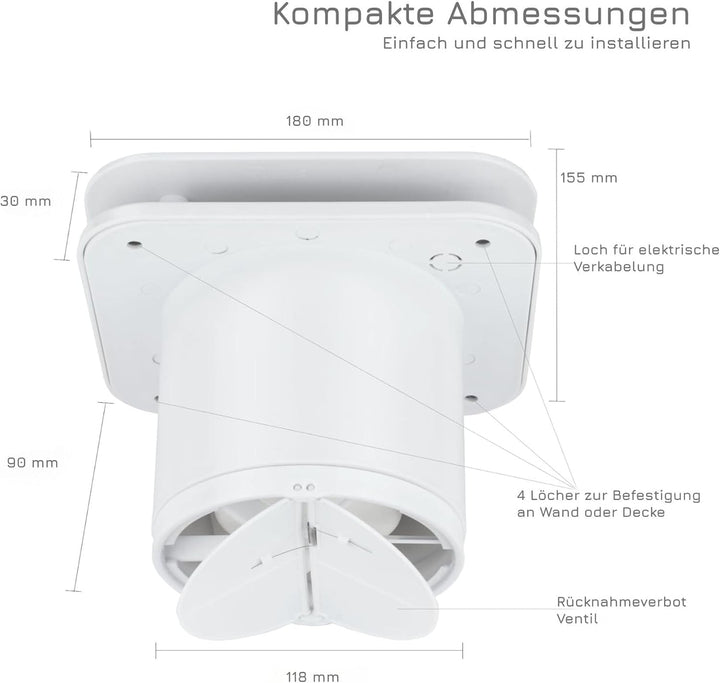 Turbionaire Abluftventilator TREND 120 SWM, für Badezimmer, Küche, Wand/Decke, mattweisse Frontplatt