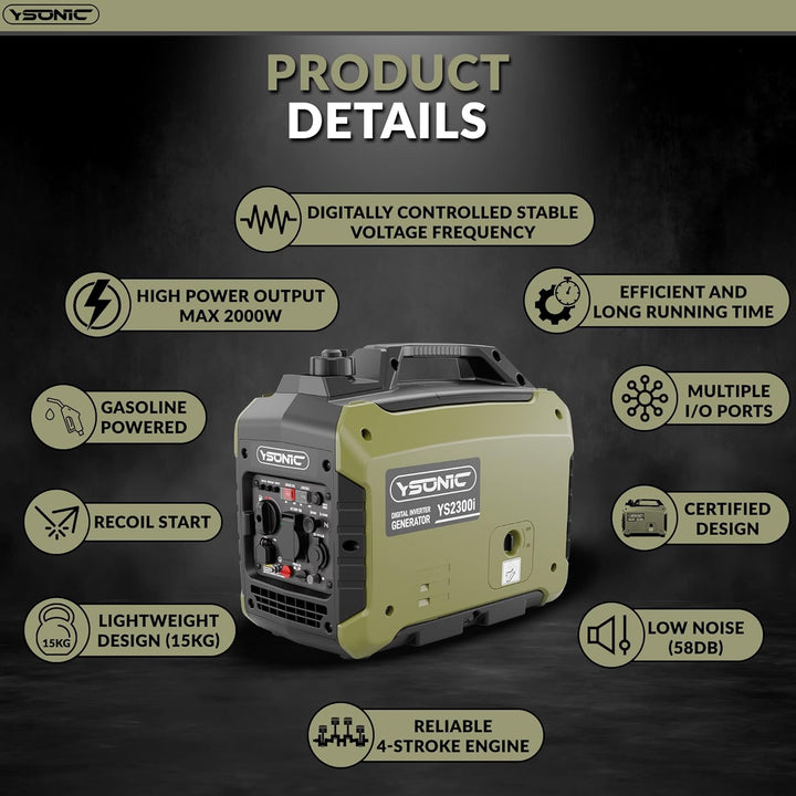 YSONIC 2000 Watt Wechselstrom-Generator Inverter mit 2x USB, 230 V Steckdose - 58dB leiser leichter