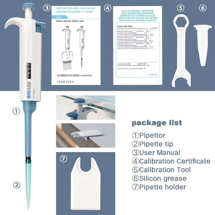 ONiLAB 0.1-2.5μl Labor Einkanal Pipette Scientific Labormikropipette Handbuch Einstellbares Volumen,