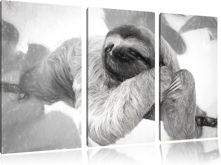Pixxprint Faultier hängt von AST / 3-Teilig/Gesamtmass 120cm Leinwandbild bespannt auf Holzrahmen/Wa