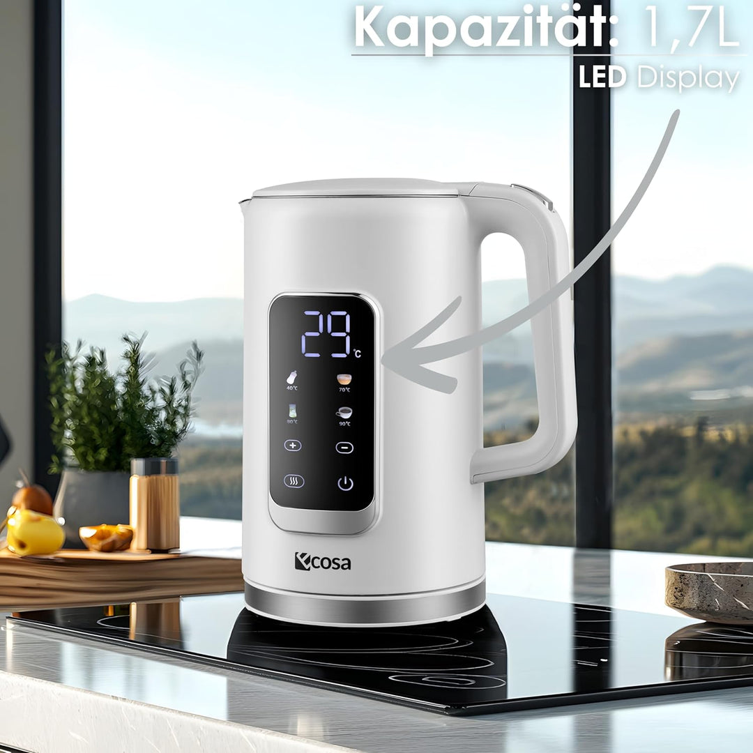 Wasserkocher Edelstahl mit Temperatureinstellung (40°C-100°C) 1,7 Liter 2200 Watt Teekocher 100% BPA