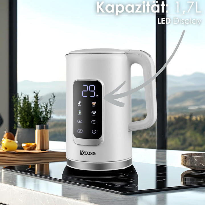 Wasserkocher Edelstahl mit Temperatureinstellung (40°C-100°C) 1,7 Liter 2200 Watt Teekocher 100% BPA