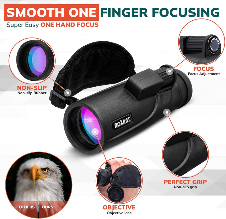 Authentic Roxant Falcon High Definition (One Finger Focus) Monocular + Phone Adapter, Mini Tripod, C