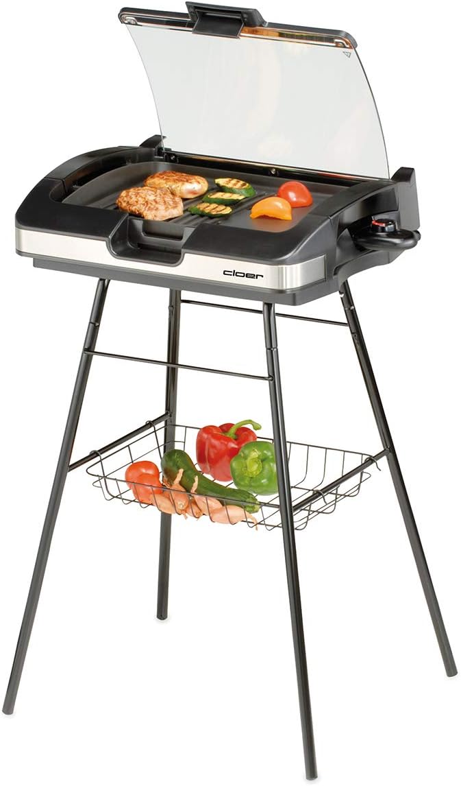 Cloer 6720 Barbecue-Grill mit Aluminium-Druckgussplatte, Antihaftbeschichtet, Glasdeckel, 2200 Watt,