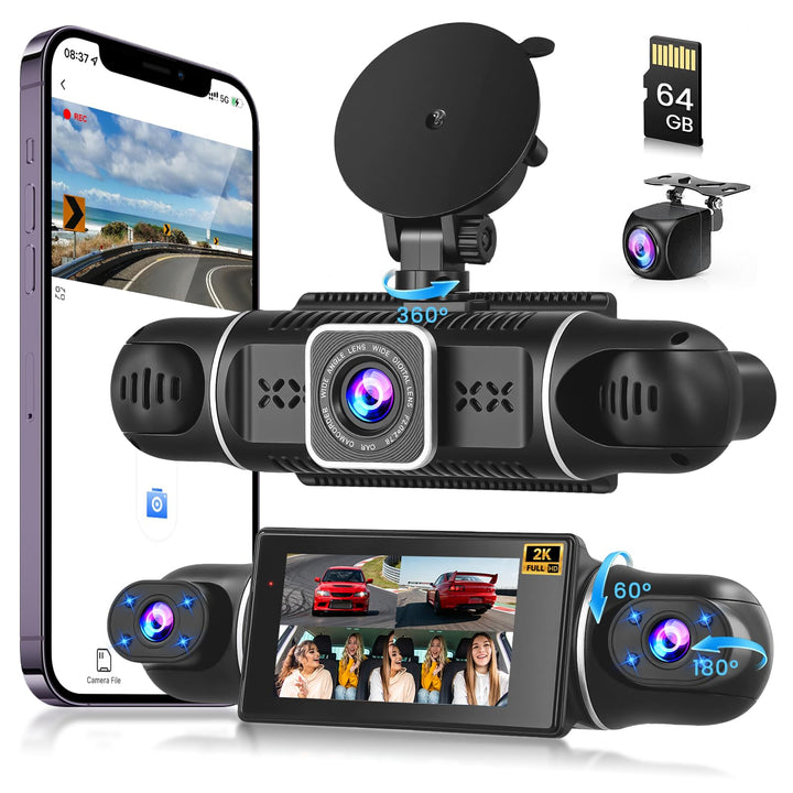 Hikity 2K 360°Dashcam für Auto mit 64G SD Karte,4 Kanal 3 Zoll IPS Bildschirm Dash Cam, Dash Cam 2K+