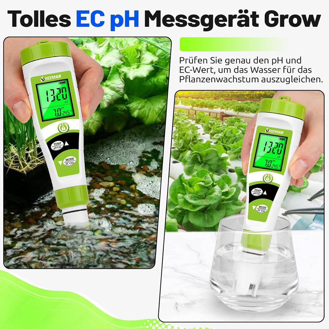 UIUZMAR Pool pH Messgerät Wasser, pH EC Messgerät Grow, Digitales pH EC PPM Temperaturtester mit pH7