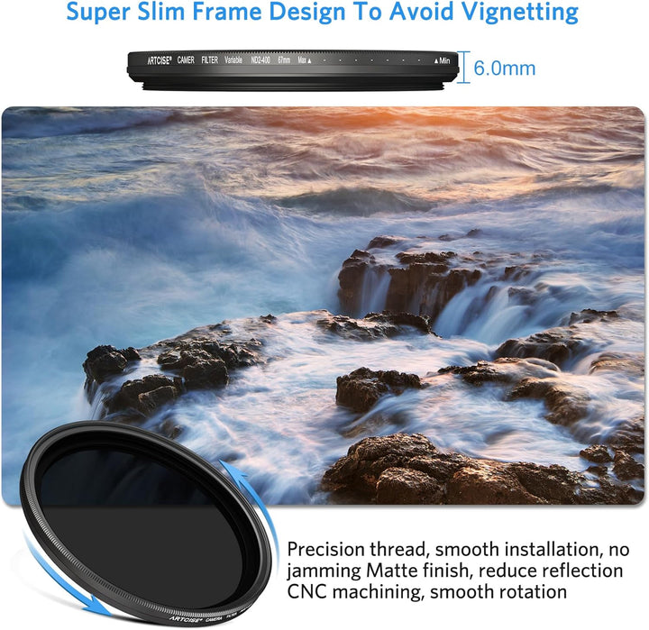 ARTCISE 77 mm Variabler ND-Filter, ultradünn, ND2-ND400 HD, Verstellbarer Fader-Graufilter 77mm, 77m