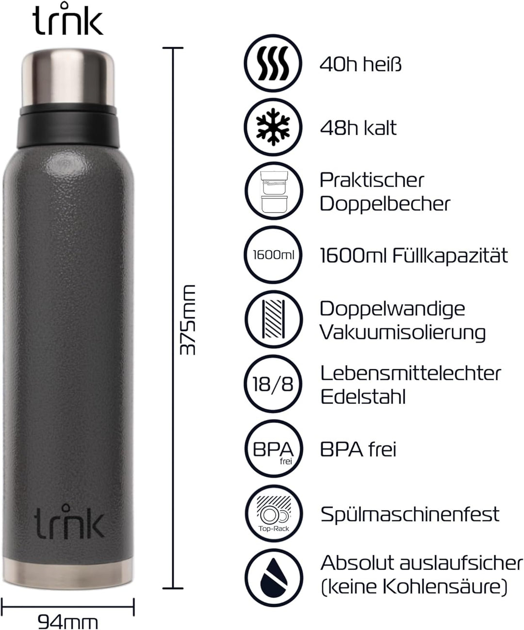 trnk Outdoor Thermosflasche polar 2 - Edelstahl Thermoskanne 1600ml - BPA-frei - Thermos hält 40 Stu