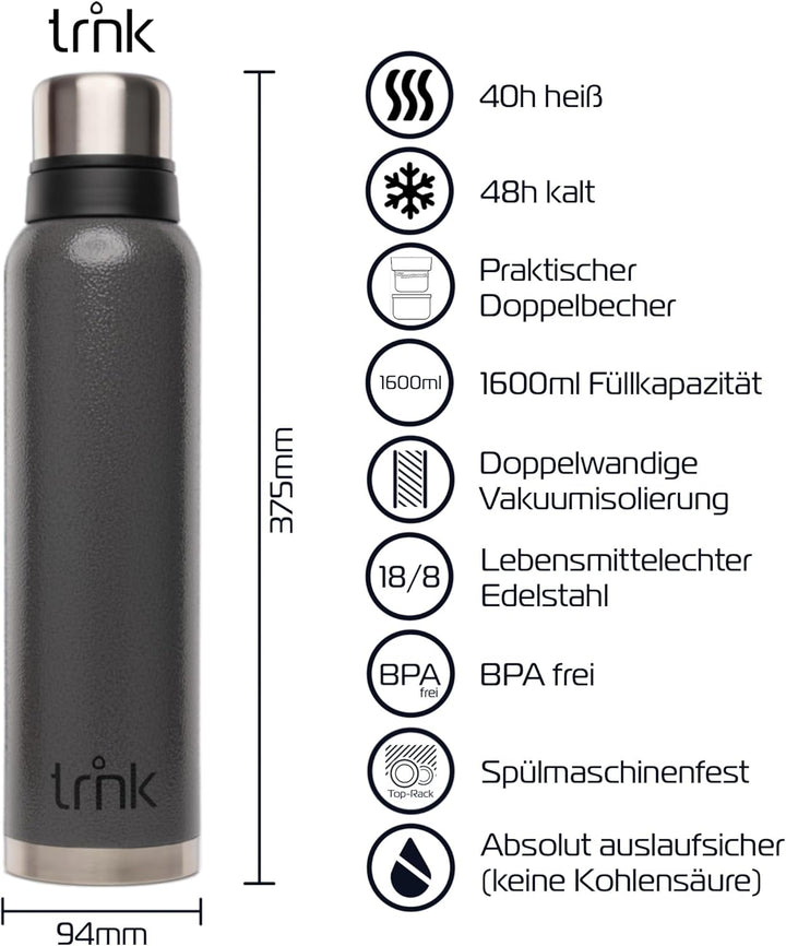 trnk Outdoor Thermosflasche polar 2 - Edelstahl Thermoskanne 1600ml - BPA-frei - Thermos hält 40 Stu