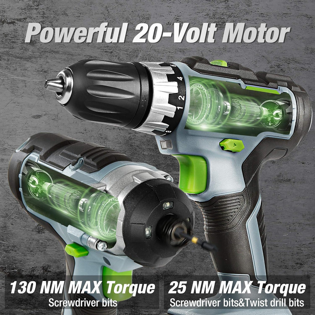 WORKPRO 2tlg. Akkuschrauber Schlagschrauber Set 20V 2,0Ah, 2 Akku und Ladegerät inkl. mit 6tlg. Bohr