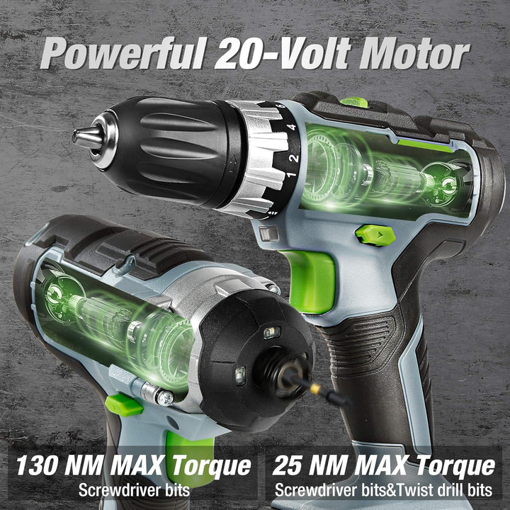 WORKPRO 2tlg. Akkuschrauber Schlagschrauber Set 20V 2,0Ah, 2 Akku und Ladegerät inkl. mit 6tlg. Bohr