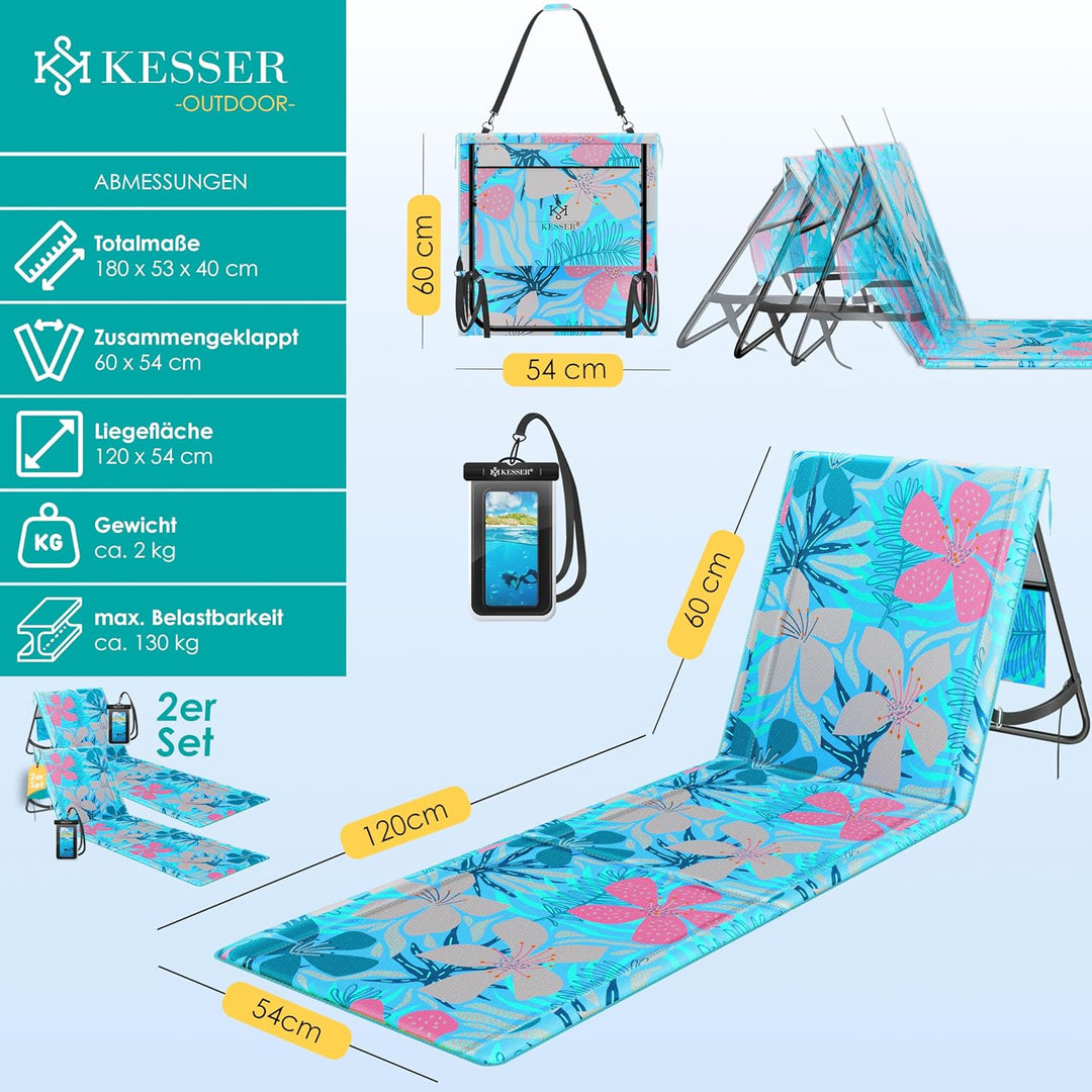KESSER® 2er Set Strandmatte klappbar mit Verstellbarer Rückenlehne, Tragegurt, wasserdichter Tasche