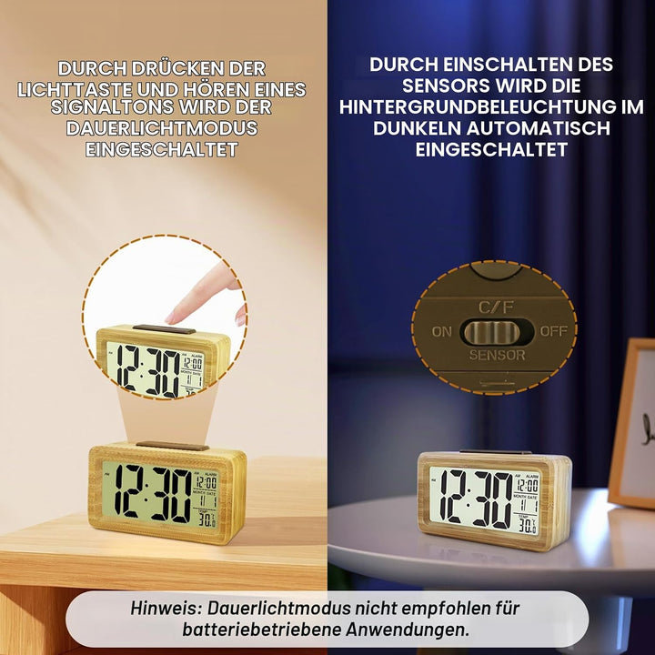 DTKID Wecker,Digital Wecker aus Bambus Mit Grosses LCD-Display, Helligkeitssensor,Schlummerfunktion,