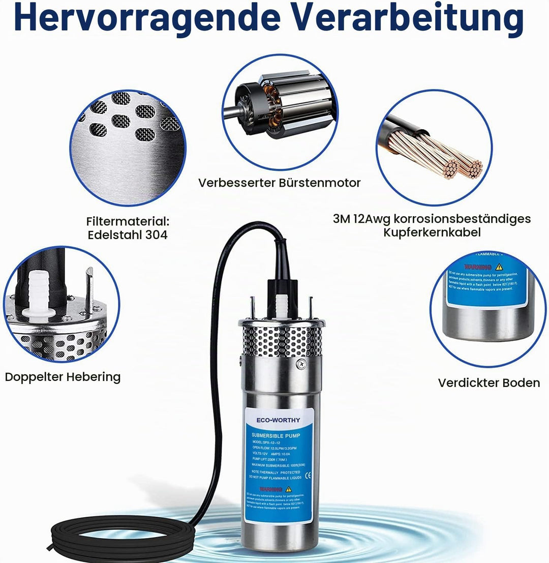 DCHOUSE Edelstahl-Tauchpumpe Flüsterleise Tiefbrunnenpumpe für Teiche, Aquarien, Geflügelbehälter, S