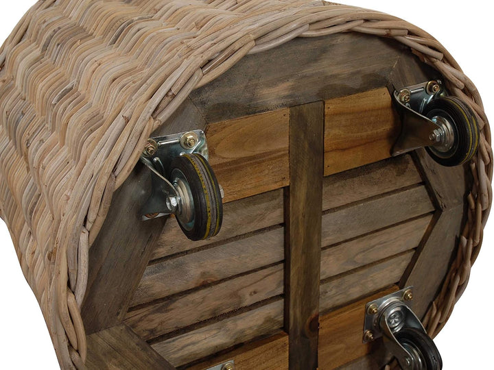 Grosser Rollkorb mit Griffen/Holzkorb mit Rollen aus grauem Natur Rattan/Aufbewahrung Holz-Wagen Räd