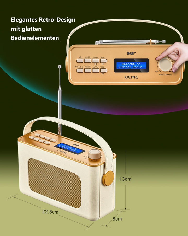 Tragbarer Retro Design DAB Plus/FM Radio, Bluetooth Lautsprecher DAB + Radio mit Wiederaufladbarer L