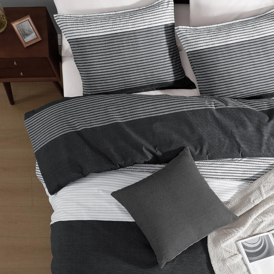Andency Bettwäsche-Set in voller Grösse, 3-teilig, schwarz-weiss-grau, Patchwork-Streifen-Bettdecke