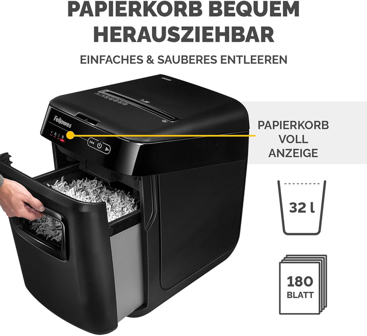 Fellowes Auto-Feed 150C Partikelschnitt Aktenvernichter (P-4), 150 Blatt, für 1-3 Nutzer im Büro ode