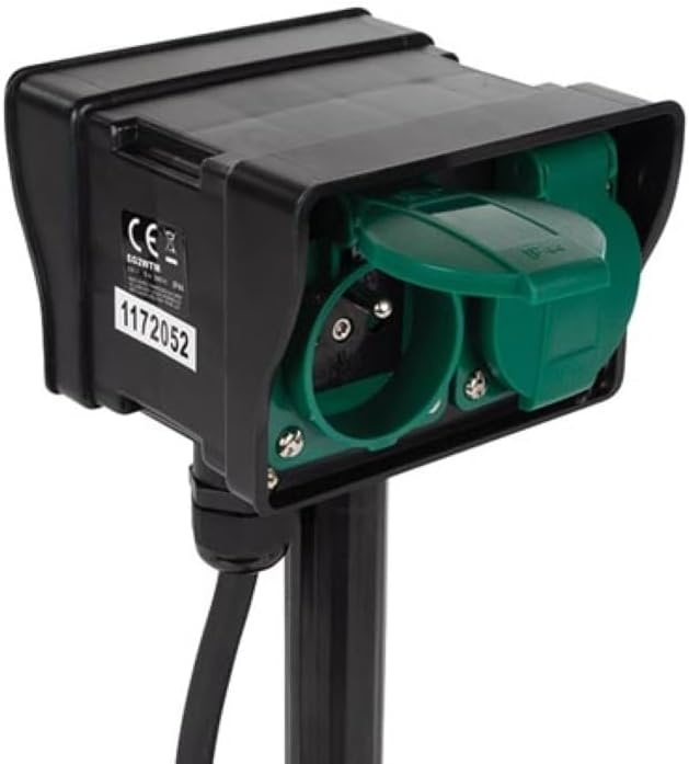 Perel Gartensteckdose, Erdspiess, Timer, 2 Steckdosen Typ E, 2 Klappdeckel, Kabel 1.5 m, 3G1.5, IP44