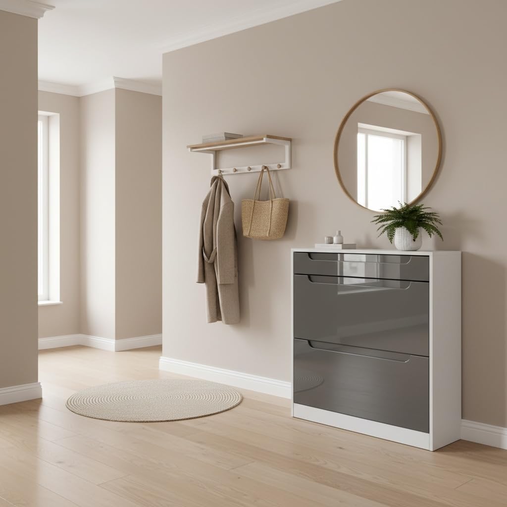 Schuhschrank Venezia Schmal mit 2 Klappen und 1 Schublade, Platzsparender Schuhkipper Flurschrank fü