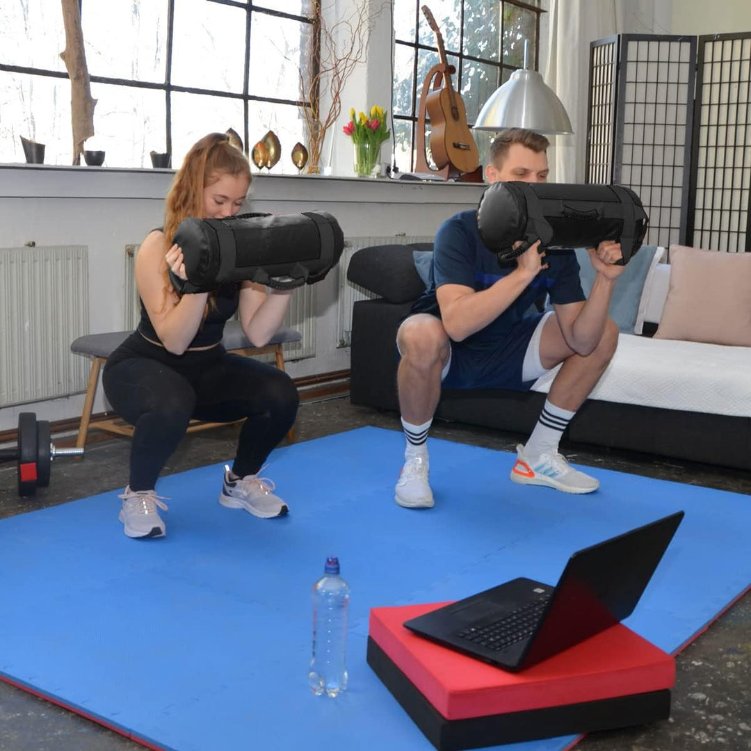 EYEPOWER 15kg Power Bag + 4 Kettlebell Gewichte - Befüllt mit Eisensand - Besser als Geräte: 6 Griff