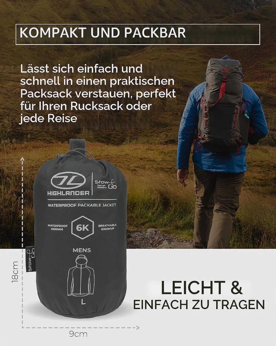 Highlander Herren Stow und GO Packaway JKT Regenjacke, Grau XXL Blau, XXL Blau