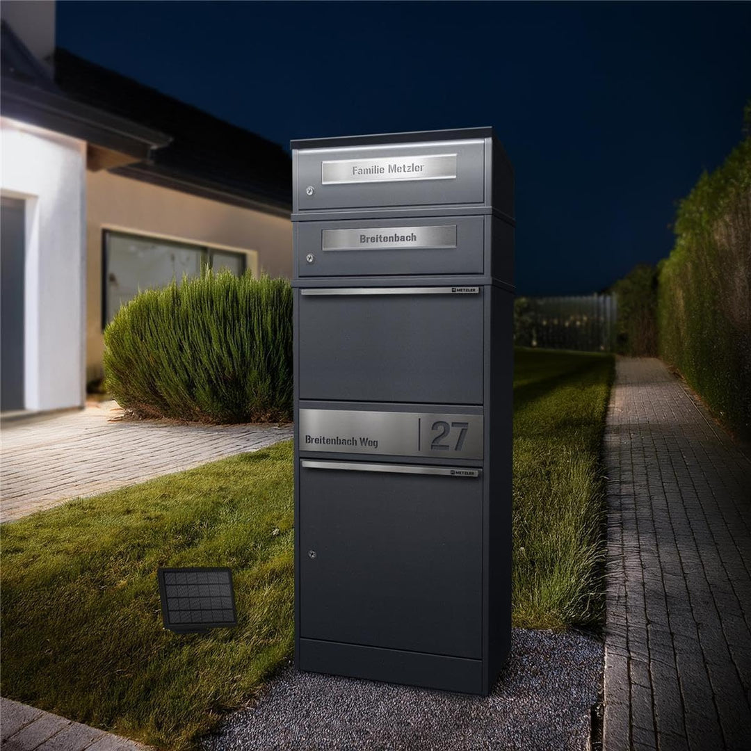 Metzler Paketbox mit Briefkasten und LED-Solarbeleuchtung in Eisenglimmer mit Gravur – wetterfest, a