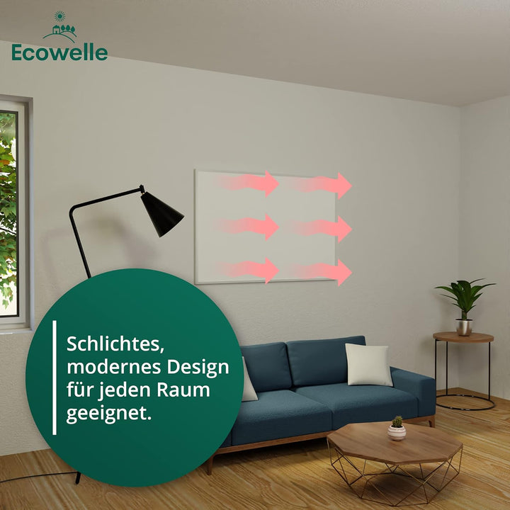 Ecowelle Infrarotheizung Classic Weiss 600 Watt + 10 Jahre Garantie + Doppelter Überhitzungsschutz C