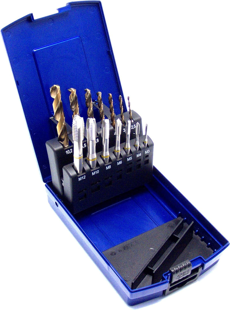 WSH-TOOLS Maschinengewindebohrer Set 14-teilig M3 - M12 HSSE-Co5 DIN 371 Durchgangsloch Gelbring ink