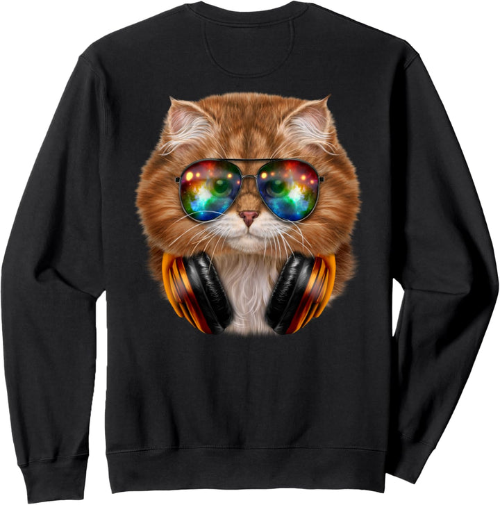 Orange Katze, die Raumsonnenbrille und Kopfhörer trägt Sweatshirt