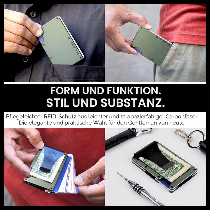ROSSM Geldbörse Herren mit RFID-Schutz - Kartenetui Herren aus Kohlefaser und Metall mit Geldklammer