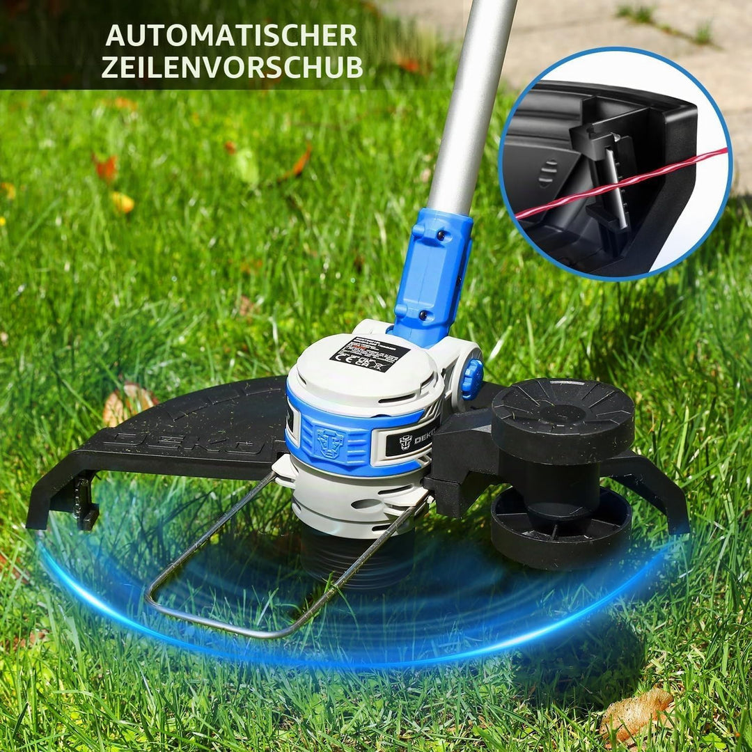 DEKOPRO Elektrischer Rasentrimmer, kabellos, mit 2 Batterien, 20 V, für Bearbeitungsarbeiten, Massiv