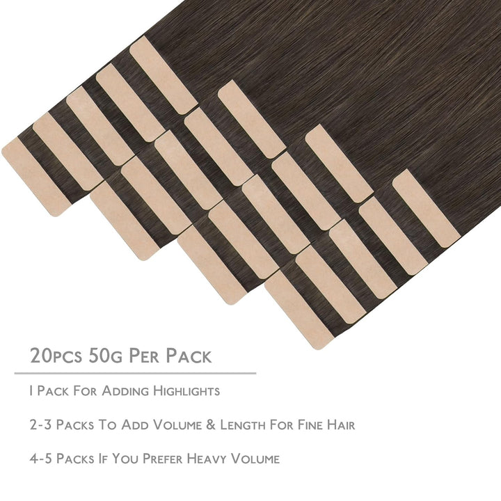 WENNALIFE Tape Extensions Echthaar, 20pcs 40g 30cm 12 Zoll Kühles Dunkelbraun Remy Invisible Tape Ex