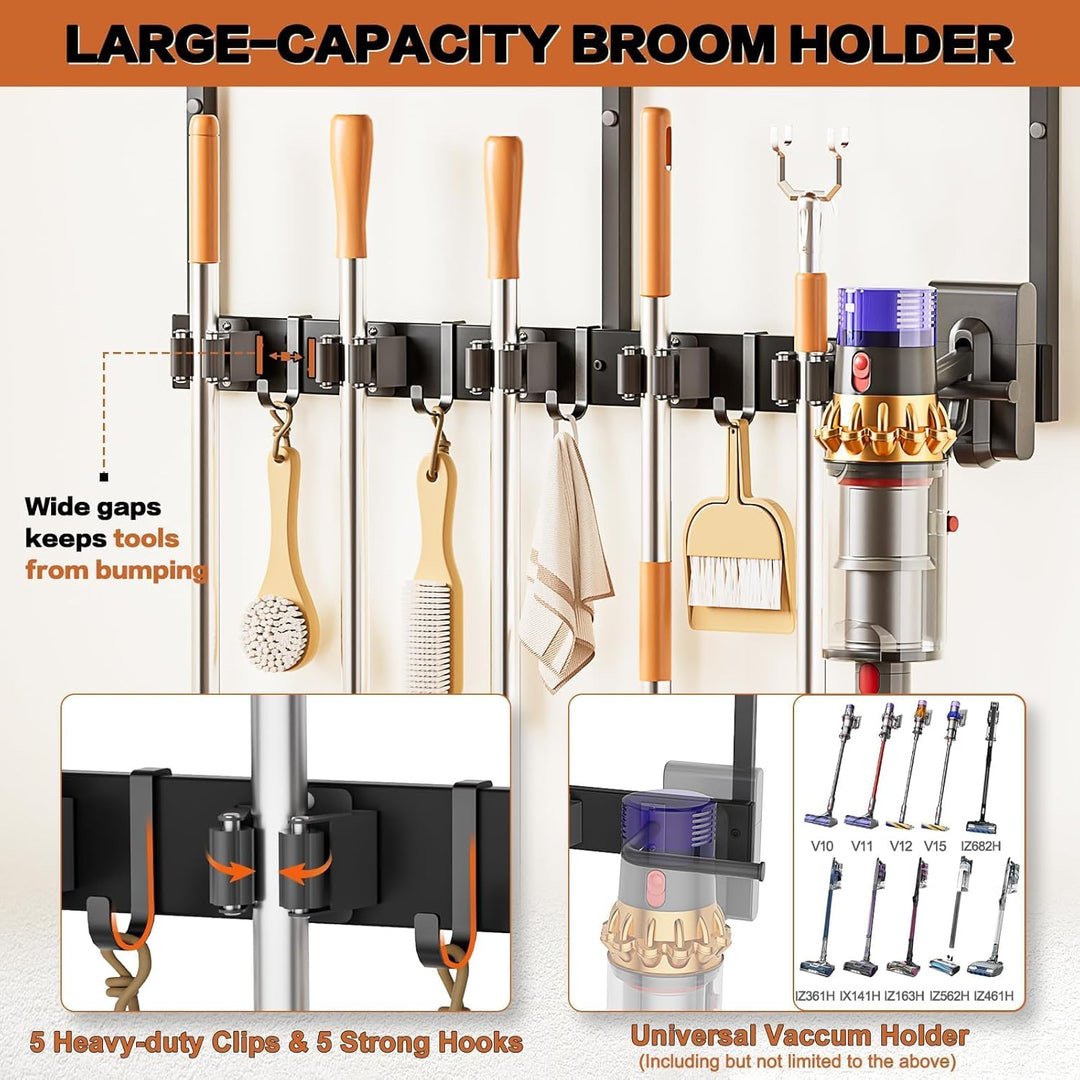 VINCOURNA Besenhalterung Wand, Besenhalter mit 6 Halter und 4 Haken, Wandhalterung Besen mit Regal,