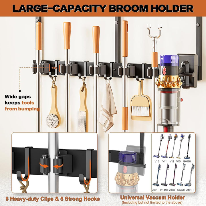 VINCOURNA Besenhalterung Wand, Besenhalter mit 6 Halter und 4 Haken, Wandhalterung Besen mit Regal,