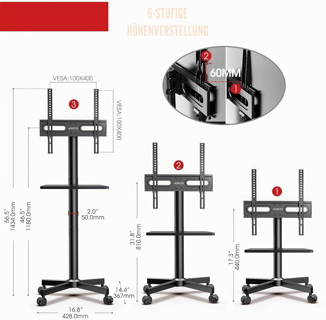 AOKCOS TV Ständer Rollbar für 32-65 Zoll Fernseher, TV Wagen mit Tablett, Fernsehständer Höhenverste