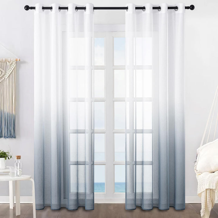 MRTREES Voile Gardinen Farbverlauf Leinenoptik Transparent Vorhang Kurz Tüllvorhang mit Ösen in Grau