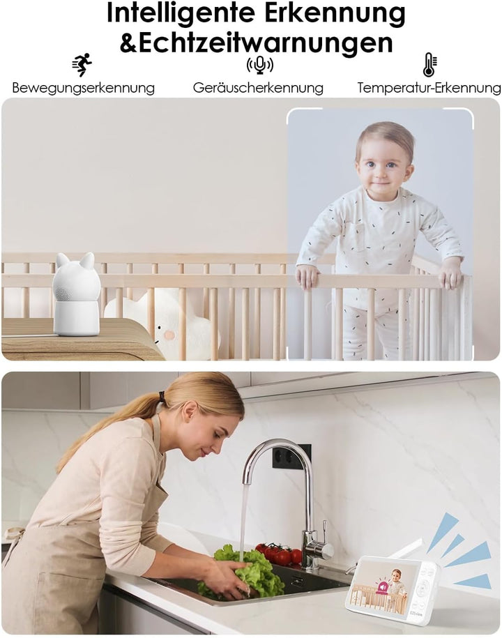 5.5" Babyphone mit Kamera und APP, 2K HD, Nachtlicht Ohren, Nachtsicht, WLAN Video Babyfon, Musik, B