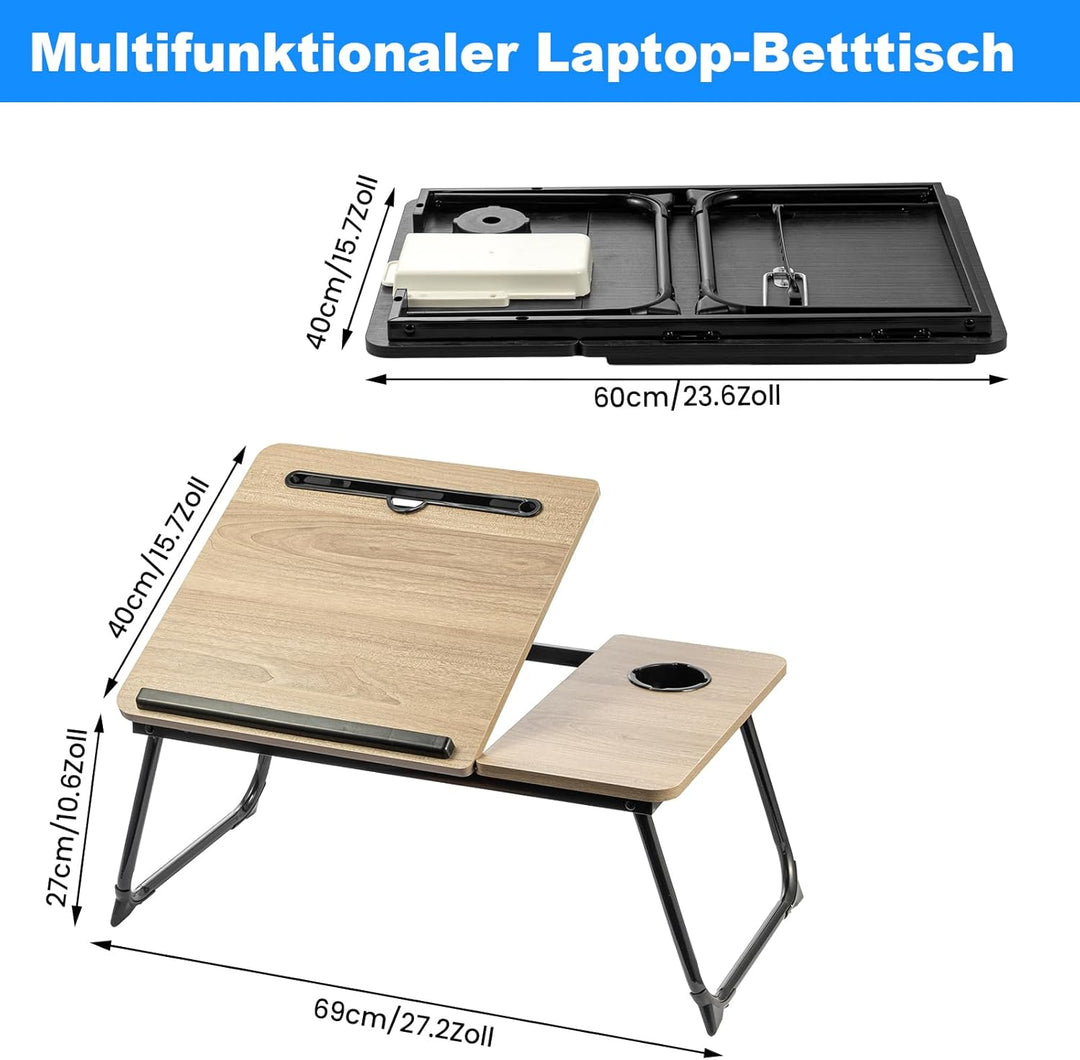 Faltbarer Laptoptisch, höhenverstellbarer Laptop-Tisch mit Getränkehalter & Lesepult, tragbarer Bett