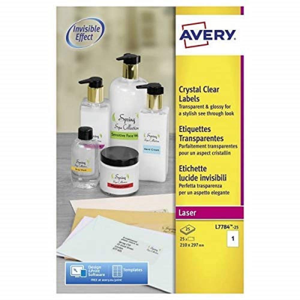 Avery Kristallklare Etiketten für Laserdrucker langlebig 1 pro Blatt 210 x 297 mm 25 Stück transpare