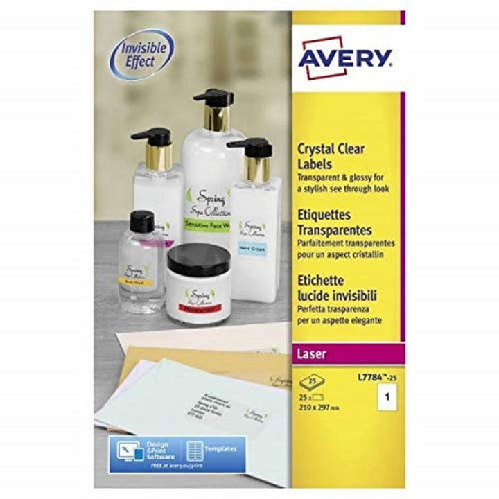 Avery Kristallklare Etiketten für Laserdrucker langlebig 1 pro Blatt 210 x 297 mm 25 Stück transpare