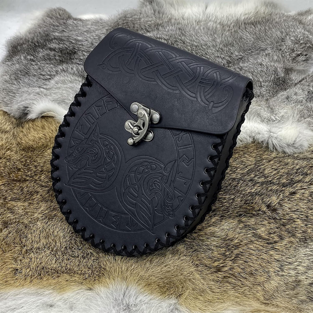 Nordische geprägte Gürteltasche, mittelalterliche Kunstledertasche, Schwarze Wikinger-Renaissance-Mü