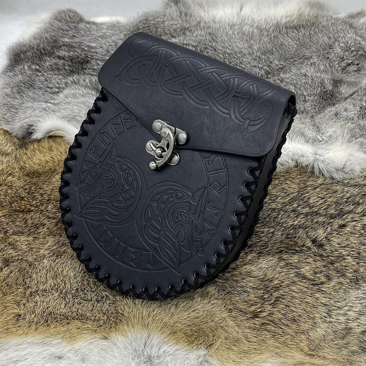 Nordische geprägte Gürteltasche, mittelalterliche Kunstledertasche, Schwarze Wikinger-Renaissance-Mü
