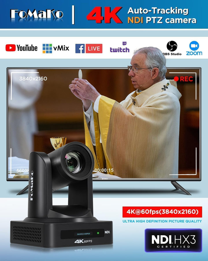 FoMaKo 4K 60FPS NDI HX3 PTZ Kamera, KI-Auto-Tracking, 20x Optischer Zoom NDI-Ausgang 4K@60, mit HDMI