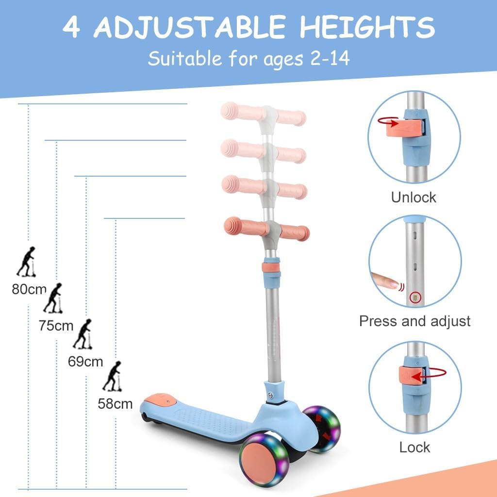 Kinderroller ab 3 Jahren, Roller Kinder mit LED-Rädern, Faltbare Kinderscooter für 3-10 Jahren Blau,
